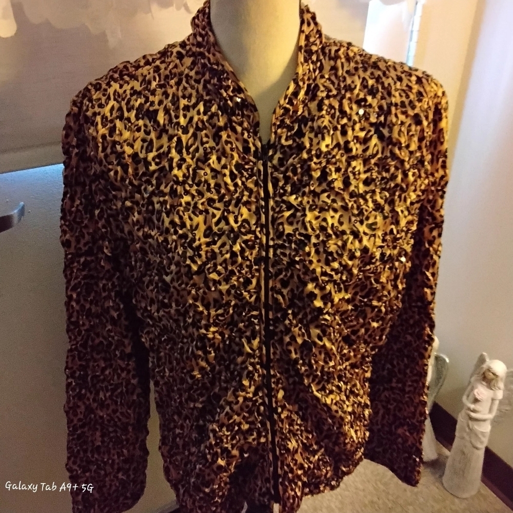 MSK Lightweight Sequined Leopard Print Gathered Zippered Jacket w/Shoulder Pads - Picture 7 of 8